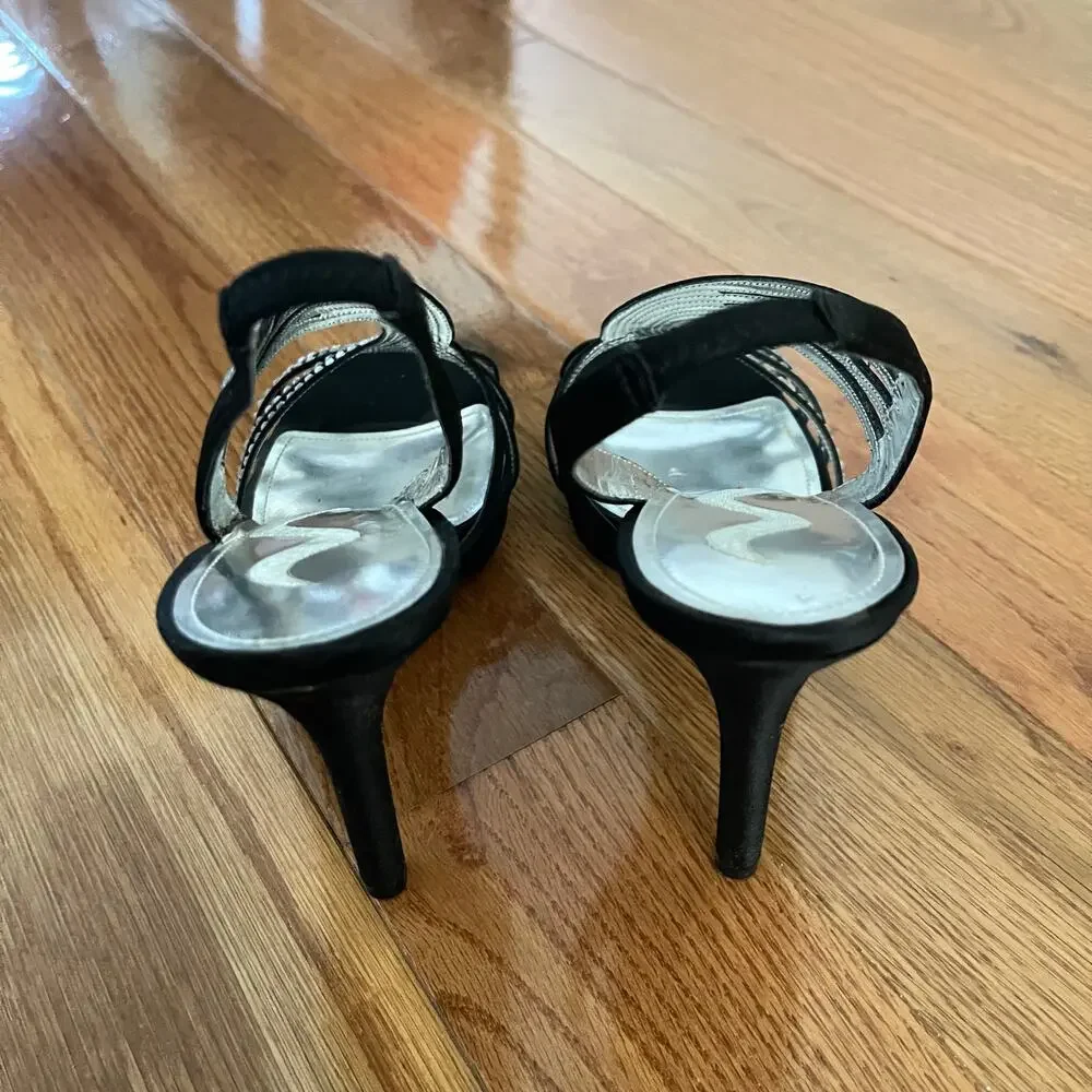 Touch of Nina Genassi LS Rhinestone Slingback Heels Black Satin Peep Toe 6.5 M